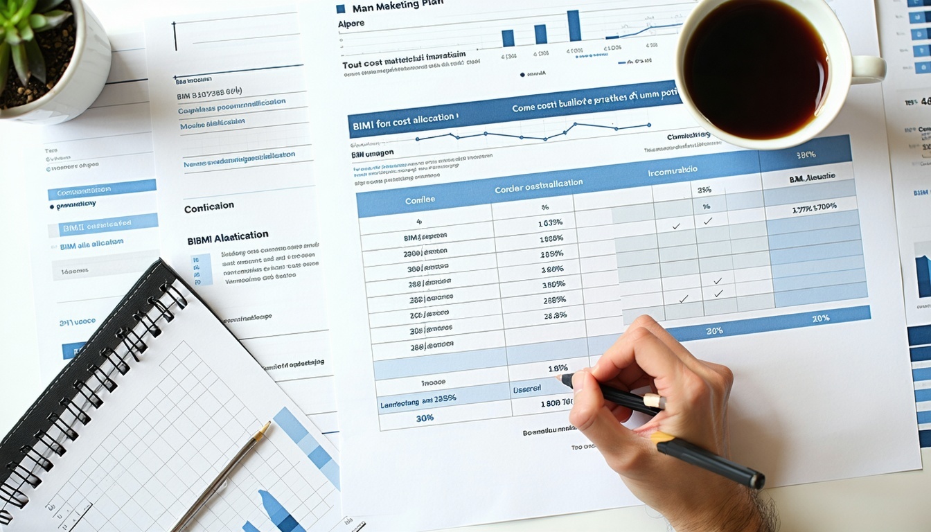 Rencana pemasaran di atas meja dengan alokasi biaya BIMI-1