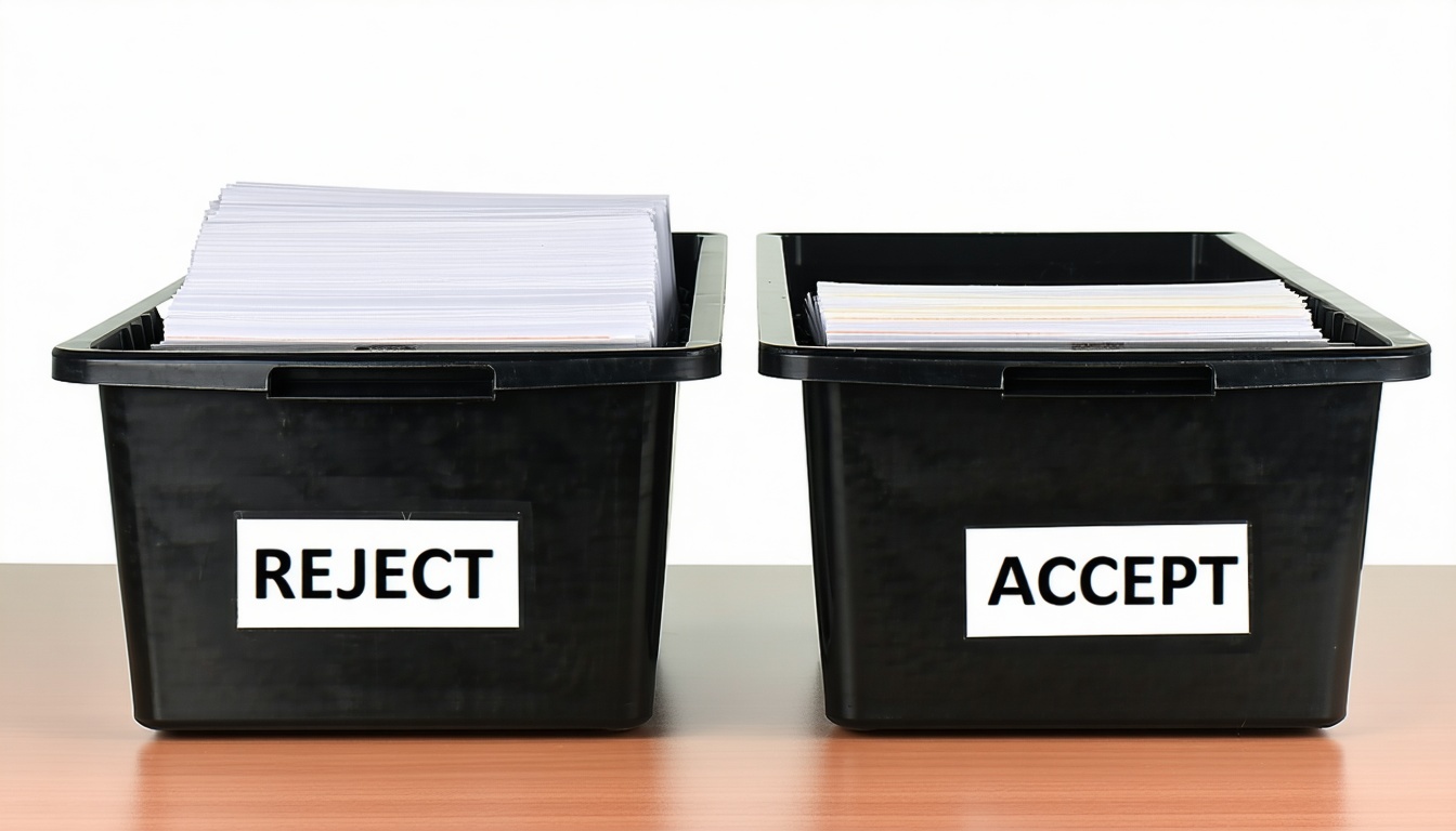 Baki pengarsipan di atas meja Salah satunya ditandai sebagai TOLAK dan baki lainnya sebagai TERIMA-1