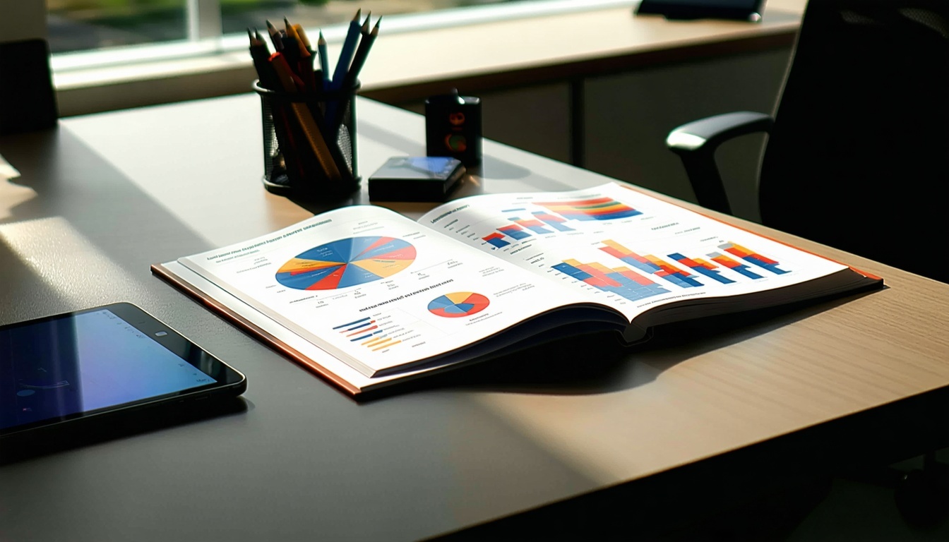 Meja kantor kontemporer yang ramping menawarkan permukaan yang dipoles halus yang diterangi oleh cahaya alami yang mengalir melalui jendela di dekatnya Di atas meja, sebuah laporan pemasaran yang dijilid terletak dengan jelas pada sampul profesionalnya yang menampilkan desain yang cerah dan tipografi yang berani.